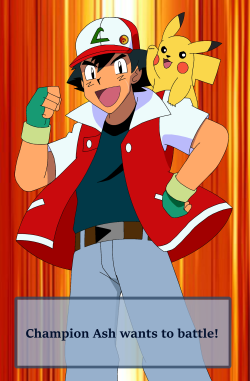 mezasepkmnmaster:                              Champion Ash wants to battle! “Think you can take on the new Champion of Kanto and Johto? That’s two champs in one, and I’ve got the pokemon to back it up! They’re all eager to battle