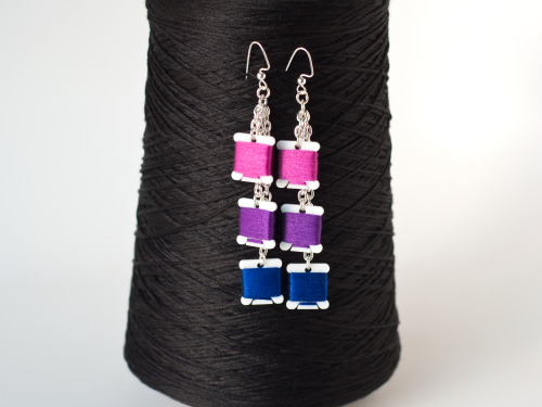 pink / purple / blue embroidery bobbin charm dangle earrings inspired by the bi pride flag [x]