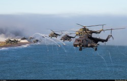 toocatsoriginals:  Russian Mi-8AMTSh Hip helicopters in formation. via Russian Planes 