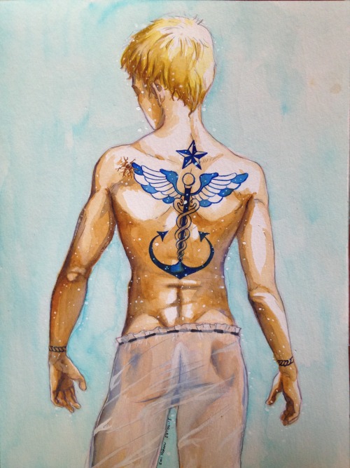 Here it is!Sailor!John from holmesianpose‘s story Other Fathoms Deep, with his tattoos! And hi