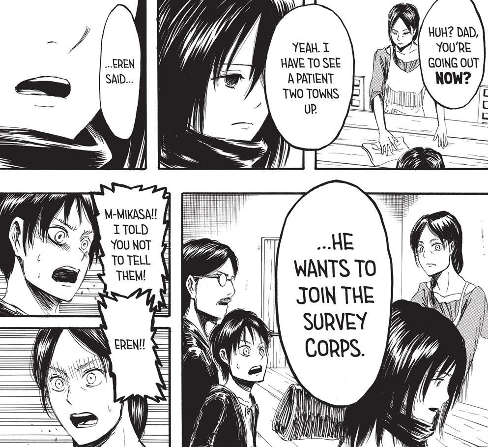 The EM argument killer. Grisha tells Mikasa is his daughter and