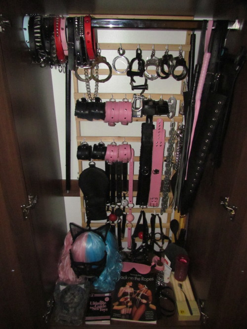 least-virginy-virgin-ever:  thattroikidd:  Picture one:  Rail- Collars, black and pink flogger, Arm binder, Latex Skirt Row 1- Ankle cuffs, Bracelet cuffs, iron shackles, handcuffs  Row 2-  Black and pink leather Ankle cuffs, padlocks, Lockable cuffs,