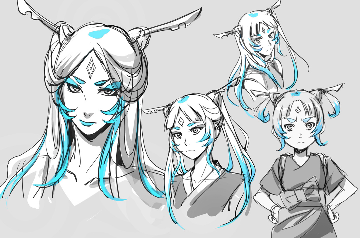 waavatar:
“ A few human Raava concept sketches for the Beginnings AU with Kyonz!
Shortly after Raava begins traveling with Wan, she adopts a human form to better understand the way of the humans. Her initial appearance is older, but she de-ages as...