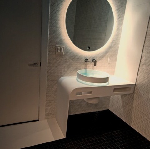 Bathroom Powder Room In CharlotteA Small, Minimalist Powder Room With Black Walls, A Bidet, White Countertops,