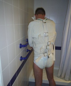 rubbermayhem:  When Justin is naughty, Daddy puts him in his straitjacket and gives him a strong laxative.