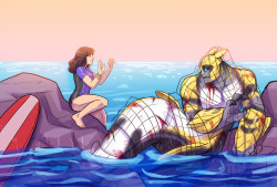 gtridel: yes-i-write-fanfiction:   eat-a-friggin-snickers:  youkaiyume:   LOL guess who’s super late to Mermay??? Transformers Bumblebee Mermaid AU ~~ I said a while back that I did it and I did~~  Bee brings her lots of courting gifts every day like