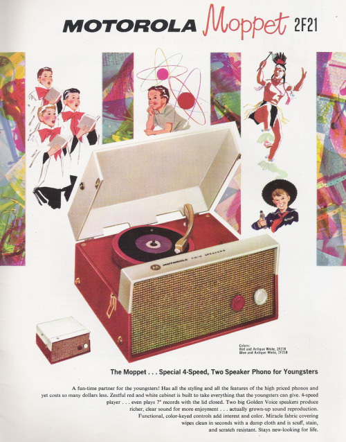 Motorola portable phonographs, from the Dealer Sales Catalog, 1958. Hi-fi in fiber glass! Via flickr
