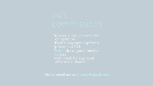 Commissions open! 3 slots available for now :)Please DM or email me (iruutciv@gmail.com) if you&rsqu