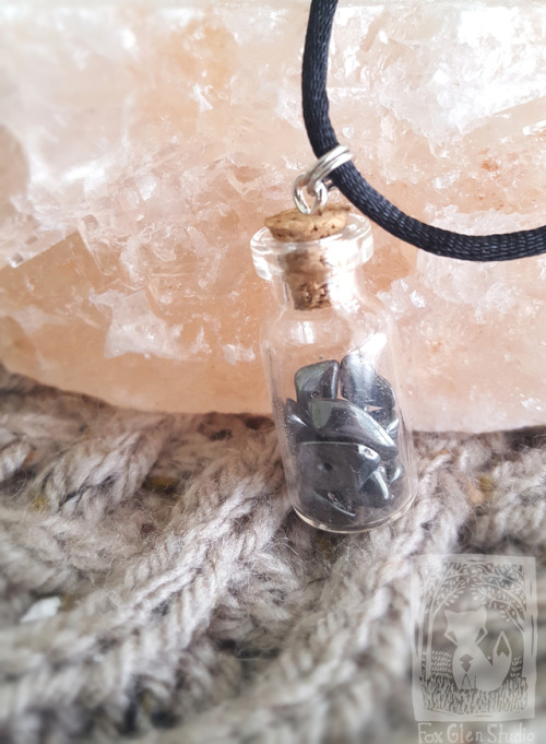foxglenstudio:Crystal jar necklaces are 25% off all June!  Amethyst, rose quartz, hematite, mookaite