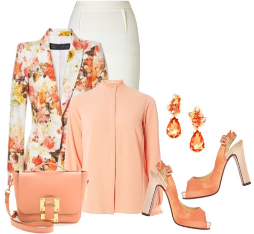 Floral Blazer by sjlew featuring a white pencil skirt ❤ liked on PolyvoreRed shirt, $62 / Roland Mou