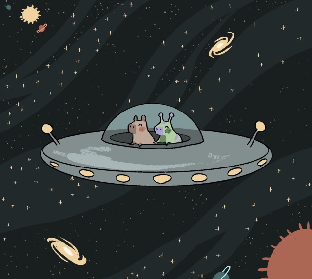 image 3: the two capybaras are exploring space together in the flying saucer