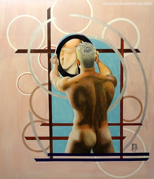artfreyparis:    Title: Man in the Mirror .It is a mixedmedia of gouache,watercolours and pastels   Bastiaan Rotterdam ·     