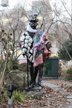 humansofnewyork:  Wendell is hands down the greatest homeless fashion designer who ever lived. He makes almost all his clothes from things he finds. I hadn’t seen him in awhile, so I was quite thrilled to walk up on him Tuesday, doing this to a Gandhi