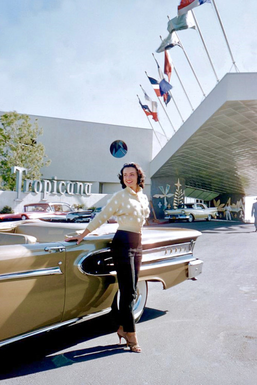 20th-century-man:Kitty Dolan / posing with a Ford Edsel outside the Tropicana, Las Vegas, 1958.