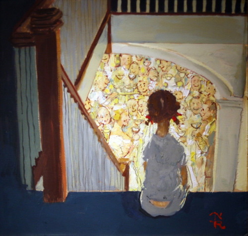 master-painters: Norman Rockwell - Little Girl Looking Downstairs at Christmas Party - 1964