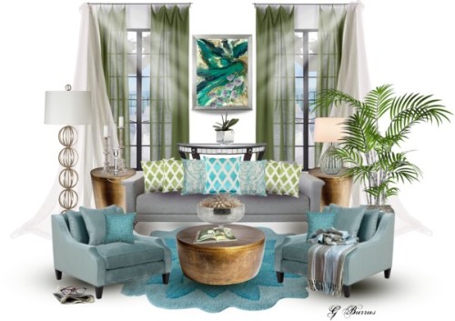Grey Sofa Interior by gaburrus ❤ liked on PolyvoreCB2 French-Belgian Green Linen Panel / Brighton Ch
