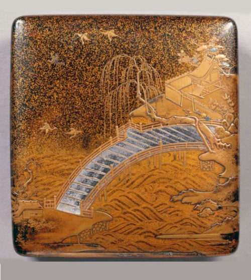 Writing case, 柳橋神社蒔絵硯箱, 1603-1650. Laquer, gold, mother-of-pearl, wood. Japan. Museum für Ostasiatis