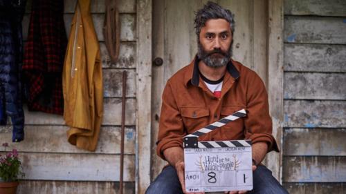 Taika Waititi with cast and crew while filming Hunt for the Wilderpeople(2016)