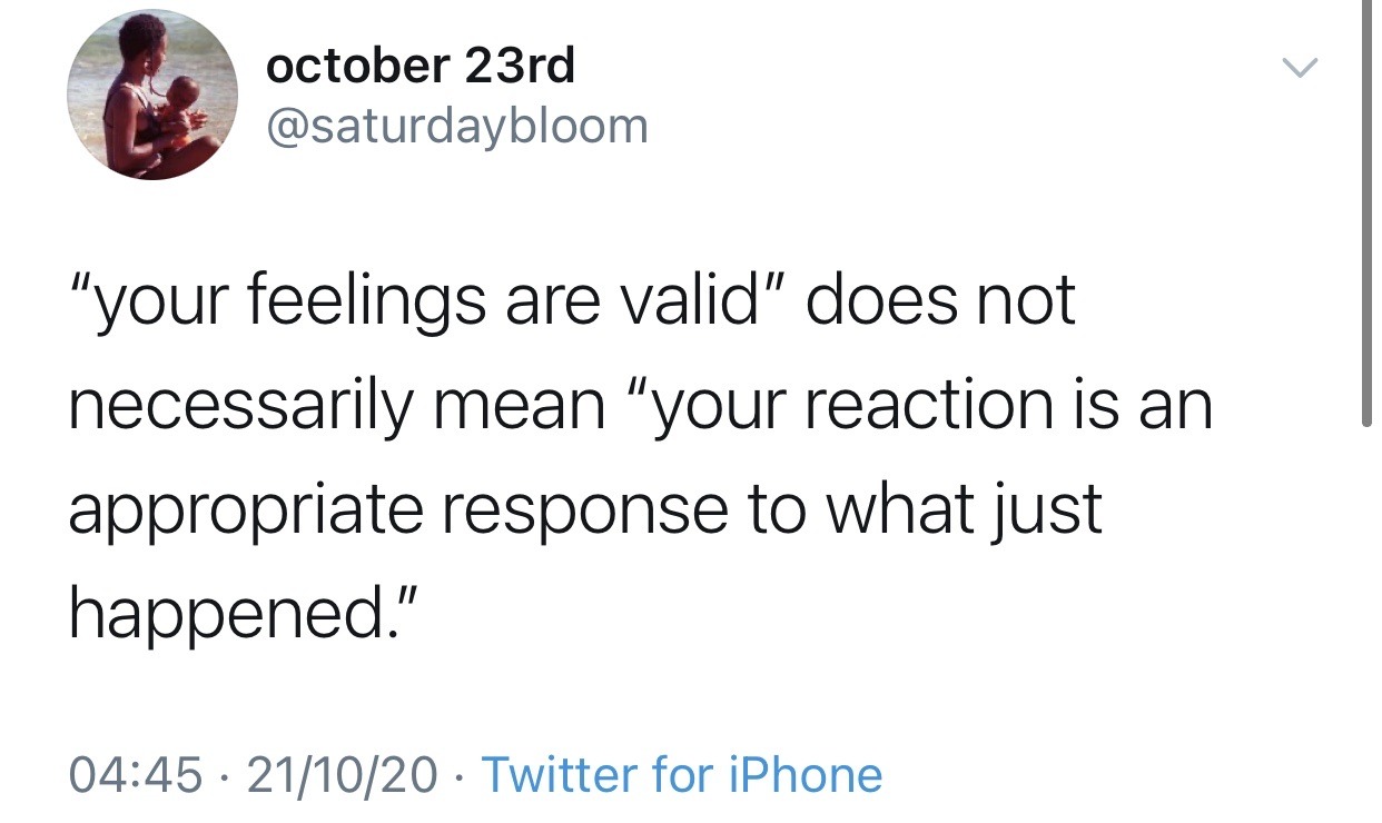 i-peed-so-hard-i-laughed:yourbigsisnissi:People often mistake “your feelings are valid” with “your reaction based on your feelings is ok”Which isn’t the same thing You’re entitled to how you feel. You’re not entitled to behave however you