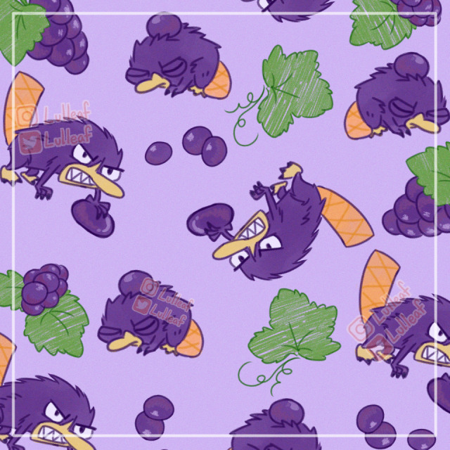 Digital drawing of a pattern with angry, spiky purple Perry the Platypus as a sleepy baby and adult repeating with grapes and grape leaves repeating in between.