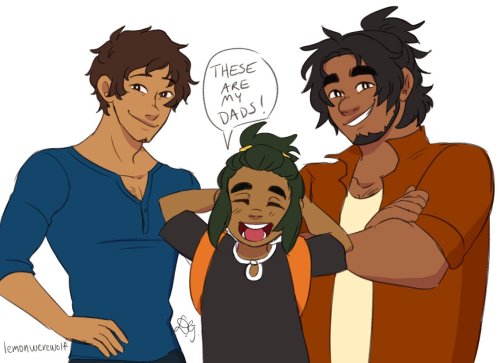 lemonorangelime:    I can’t stop drawing Pokemon crossovers.  Hau with his dads, Hunk and Lance.  