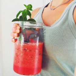 veganfeelsgood:  Watermelon  slushy after History finals, it was exactly the subject I wanted 😊  Anyways it’s sooo easy to make and ideal for summer and keeping  hydrating since watermelon is 90% made of water 🍉🍉 I scooped out  probably ¼