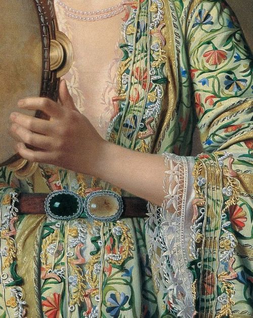 laclygrantham:Portrait of a Lady of the Court Playing the Tambourine (detail), c. 1875. Pierre-Désir