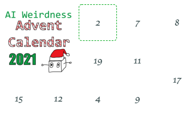 The calendar itself, and descriptions of all the images behind the doors, are at the link above. This is a still screenshot showing "AI Weirdness Advent Calendar 2021" and some of the closed doors.