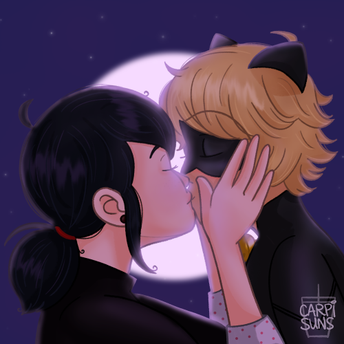 Fanart of Marinette and Chat Noir kissing in front of the full moon. Marinette is holding Chat Noir's face in her hands.
