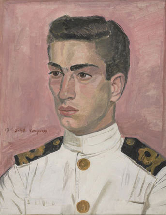 yiannis-tsaroychis:Officer  mariner on pink background, 1959, Yiannis Tsaroychishttps://www.wikiart.org/en/yiannis-tsaroychis/officer-mariner-in-pink-background-1959