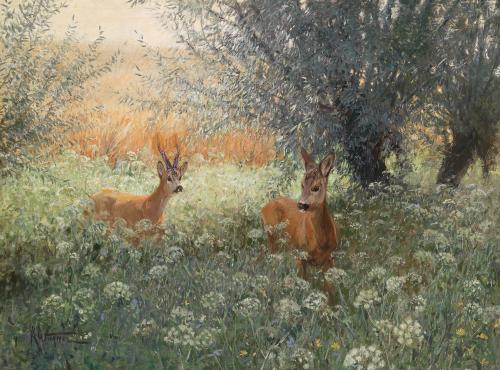 wolfhalden: Red Deer in the Summer Meadow, circa 1900 Karl Wagner (1839-1923)