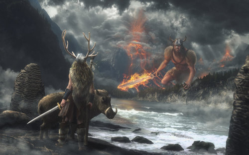 goldisblood:“The Swarthy One”The final battle between Surtr (or Surt) and Freyr in Ragnarök. In this