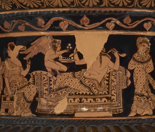 didoofcarthage:Details of a banquet scene from an Attic red-figure dinoid volute-krater and standAtt