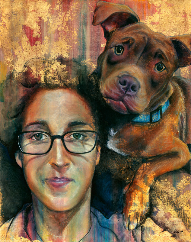 Beth and Gracie. 16″ x 20″. Acrylic, Watercolor, and Gold leaf on board. Original artwork by Karen Coleman.