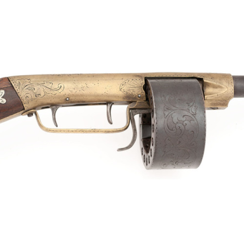 15 shot hand rotated percussion revolving rifle crafted by Alexander Hall, .38 caliber, New York Cit