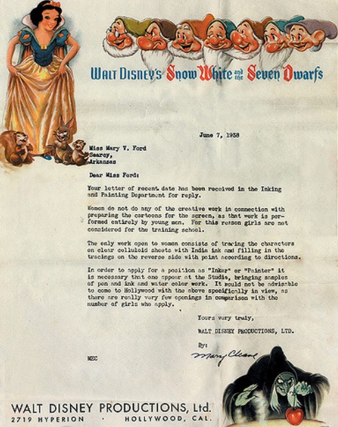 A letter to Mary T. Ford, who had applied to Disney for a job as an animator. June 7th, 1938,Miss Ma