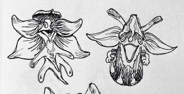 Two ink drawings of orchid flowers that look like faces with big, smiling mouths.