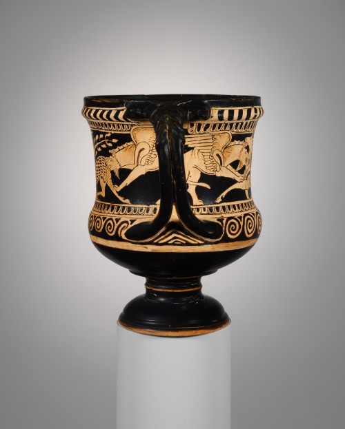 Kantharos decorated with griffins attacking a deer. c. 325 - 300 B.C; terracotta. The Metropolitan M