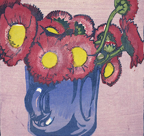 pinkstarlightcomputer:Mabel Royds ( English 1874 - 1941) Red Daisies, Colour woodcut on paper 1936.