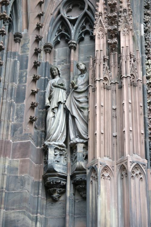 Gothic female sculptures on Cathedral of Strasbourg’s facade, c. 13th-14th century