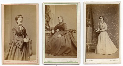 3 Victorian carte de visite photos of women in period 19th century dresses 