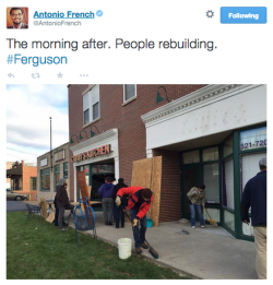 shmurdamagicalgirl:  socialjusticekoolaid:  The Day After, Pt 1 (11/25/14): Ferguson begins to rebuild. We stand with you. Prayers, blessing, and peace to the residents and protesters in Ferguson. #staywoke #farfromover  They aren’t showing this. They