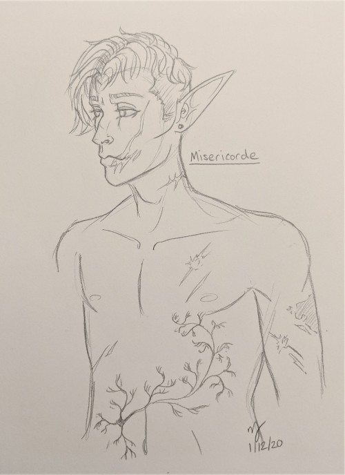 Six-month-old sketch of my D&D character Misericorde, a Drow cavalier, showing off some of his v