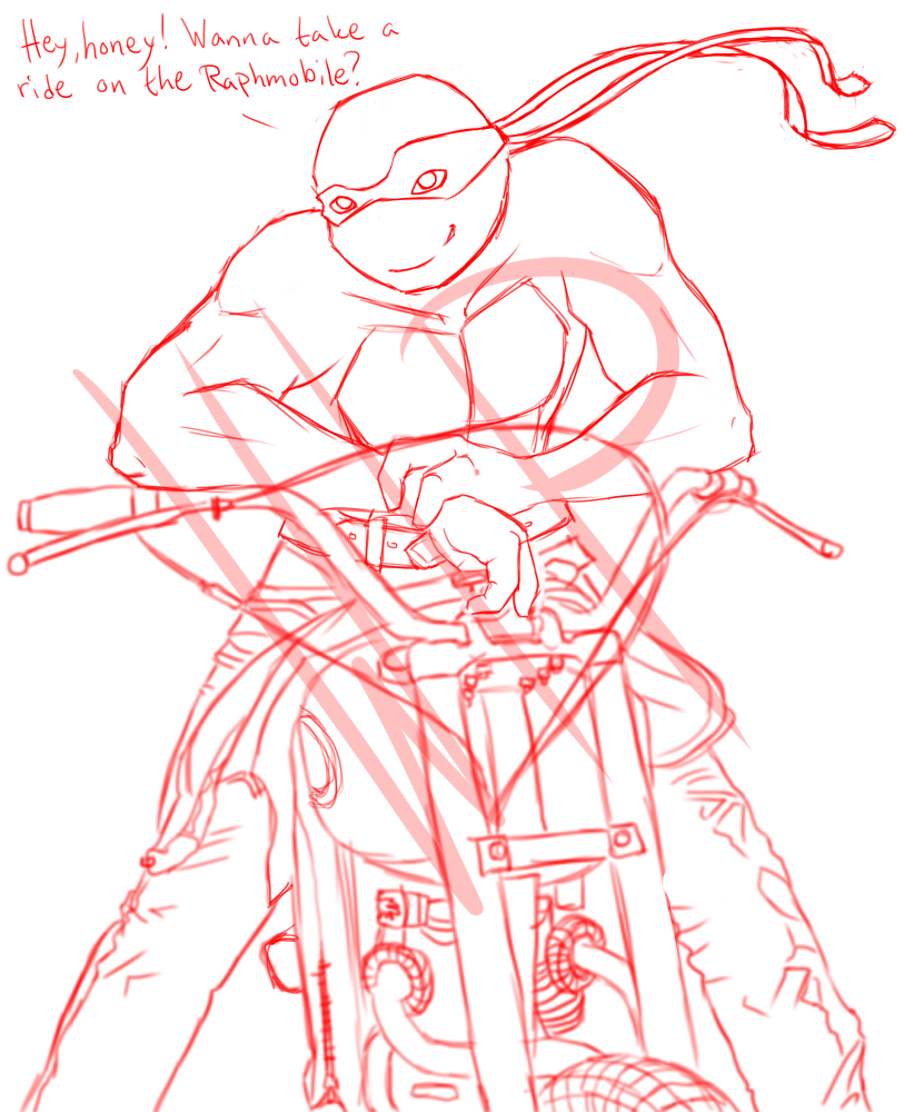 Got some Raph and Bike inspiration. So here’s a wip I’m working on atm. Also sorry for the horrible pickupline. When I drew that grin on his face it came to me and… there it is XD