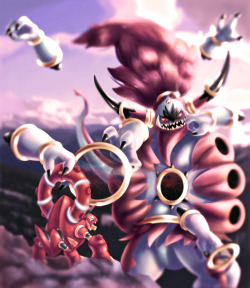 cassowaryarts:  Of Gust and GreedDigital painting of Volcanion and Hoopa Unbound, from July 24th, 2015.