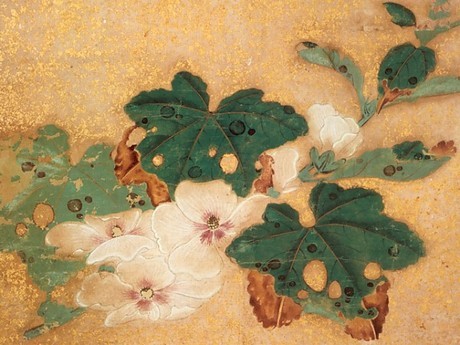 nae-design:  The Hanamaru-zu mural of 201 flowers decorates the walls of Kotohira-gu Shrine (金刀比羅宮) painted over 300 years ago by Ito Jakuchu (伊藤若冲, 1716-1800). His unusual scientific style depicts the flowers in a grid layout with lifelike