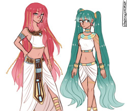 re-upload of the full body negitoro Egyptian!AU outfits excluding sandals  this time i corrected the skin tone and hair colors  (ღ˘⌣˘ღ)