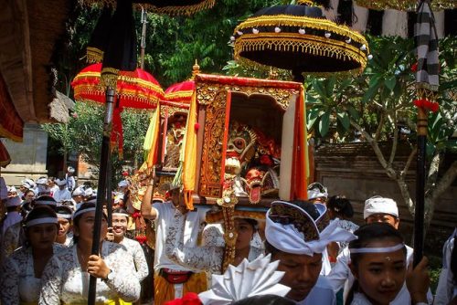 Sacred masks of Rangda and Barong in procession, Bali