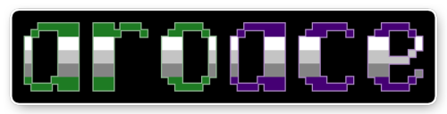 [image description: three pixel art text banners of the word “aroace” in a blockish, pix