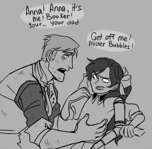 mustachossom:  AU where Booker lives happily with Anna in Rapture UNTIL THE DAY WHEN SHE WAS KIDNAPPED AND TURNED INTO A LITTLE SISTER AND BOOKER GOES EVERYWHERE LOOKING FOR HER and in the end   it’s nothing but more tears for me bye/ 